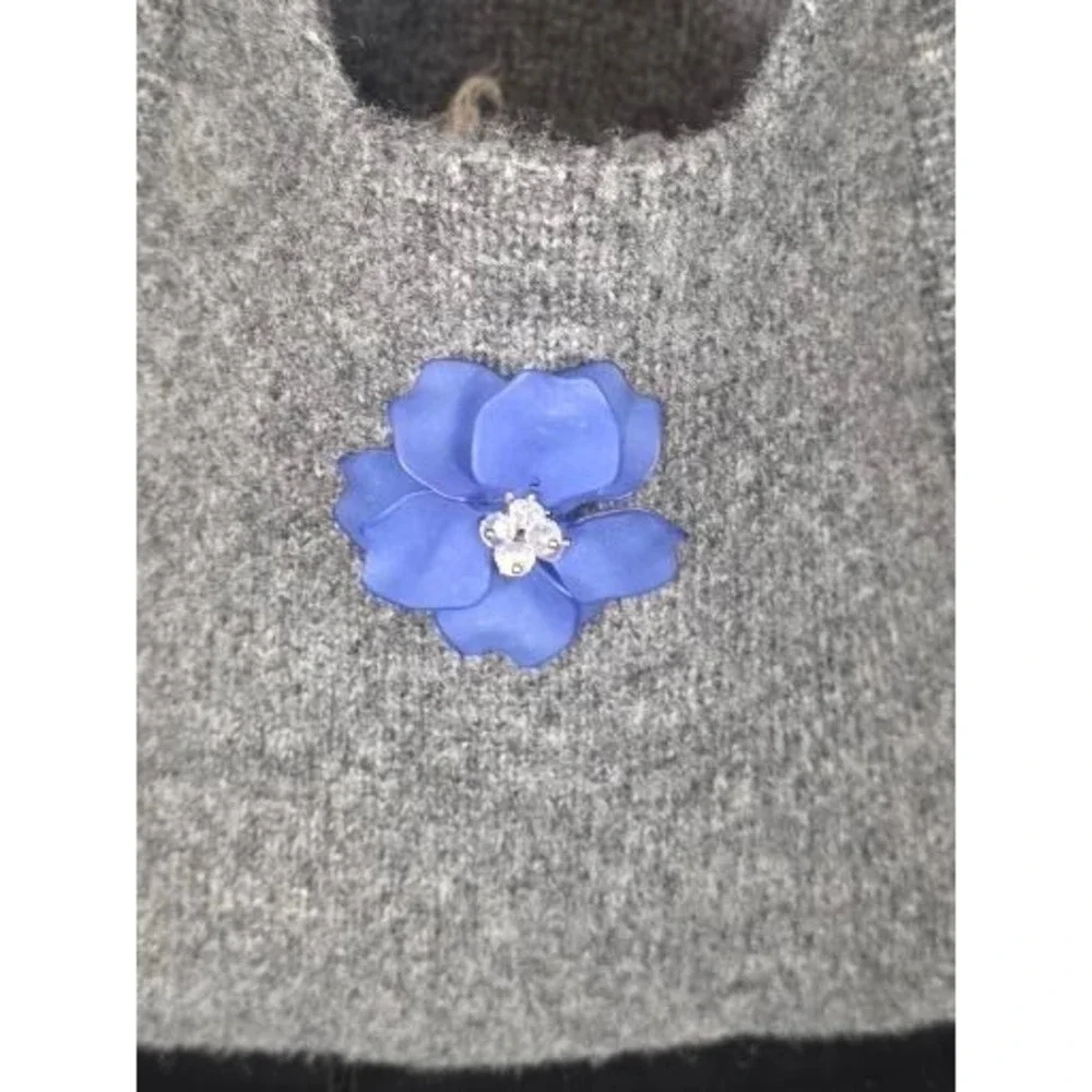 Grey‎ Knit Wool Blend Slouchy Hobo Bag Blue Flower Pin Minimalist Tote Hipster